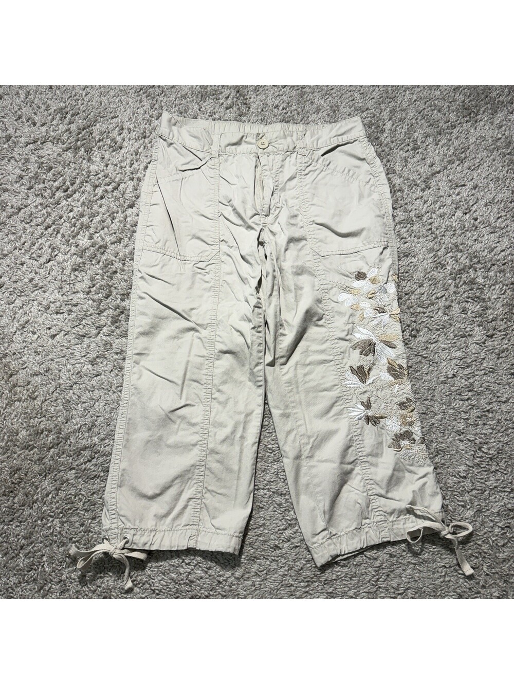 Vintage Y2K Capri Cargo Pants Beige Floral Embroidered Boho Hippie Cinch Small